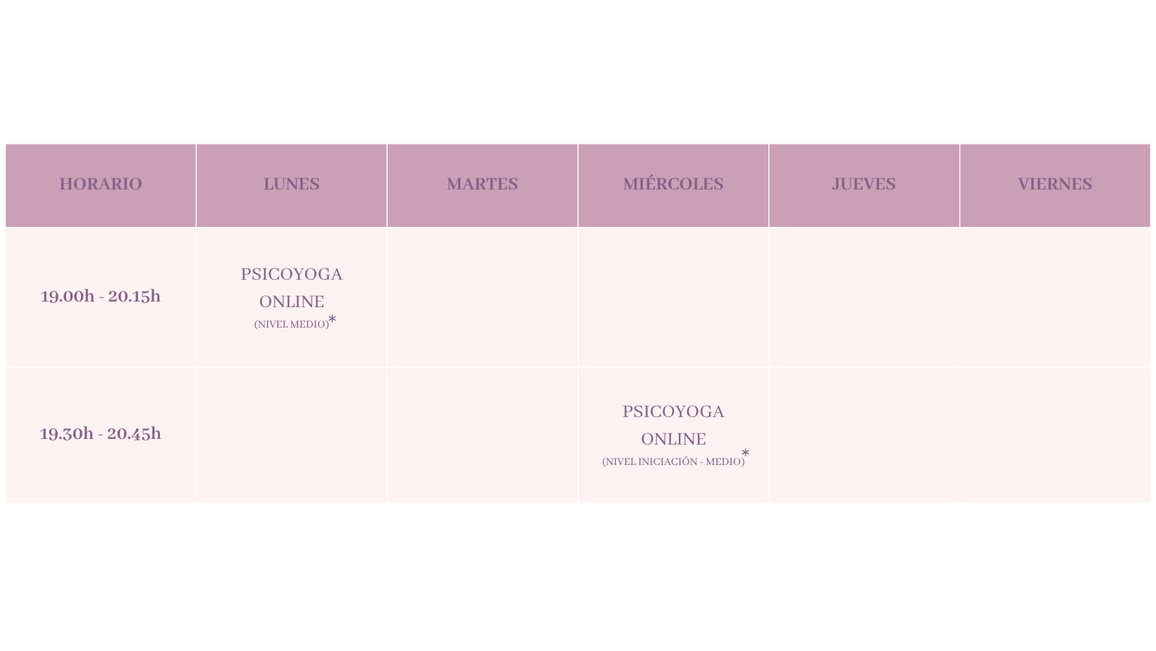 Horarios Amarte y Yoga Online